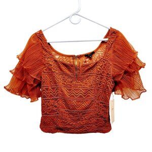 Rust Orange Lace & Sheer Ruffle Sleeve Crop Top By Blåshe Size M